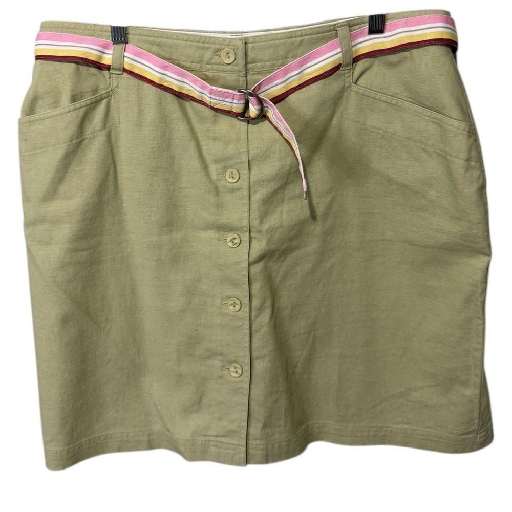 Christopher & Banks Linen Cotton Button Front Skirt 16 Belted Khaki Tan